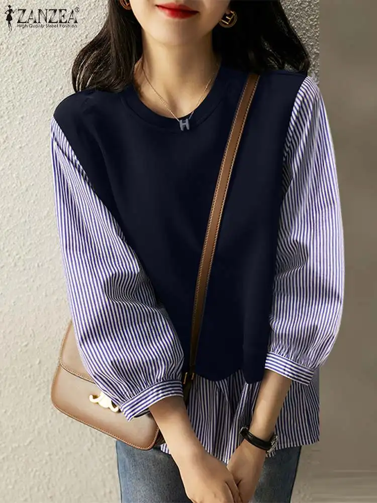 Autumn Women Stripe Patchwork Blouse Fashion Long Sleeve O-Neck Shirt 2024 ZANZEA Casual Elegant Loose Work Blusas Holiday Tops