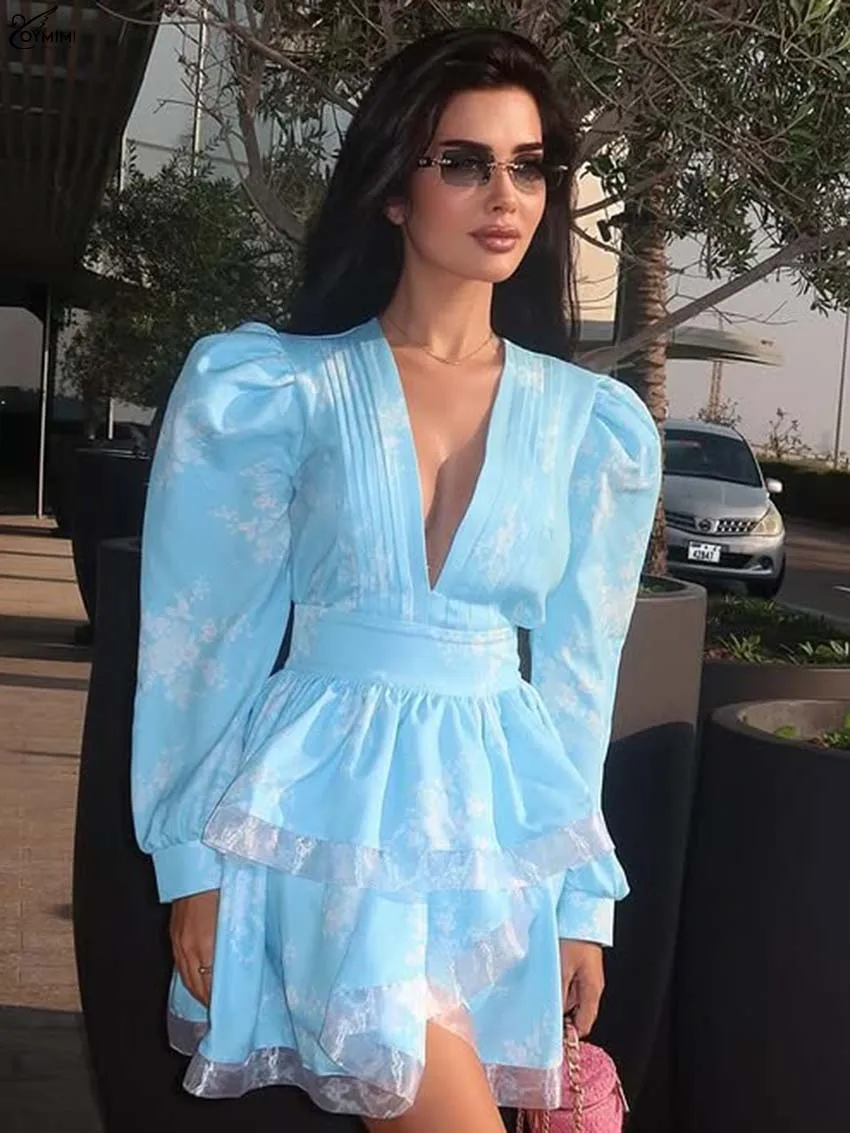 

Oymimi Casual Blue Print Dresses 2025 Woman Elegant Deep V-Neck Long Sleeve Zipper Dresses Fashion High Waist Pleated Mini Dress