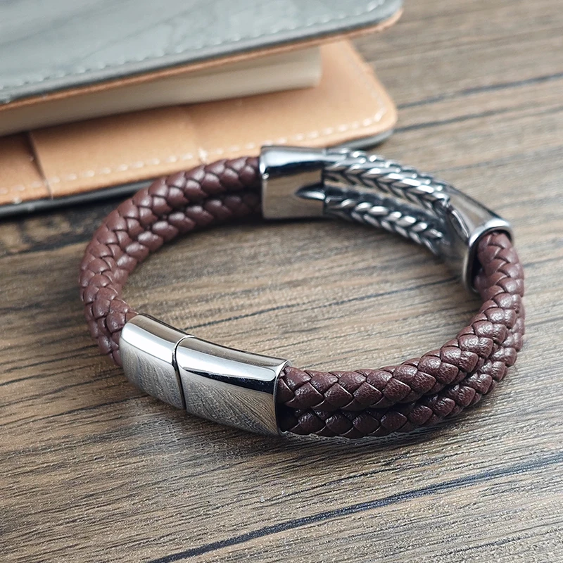 Luxuriöses Retro Doppel-Lederarmband für Herren Kubanische Kornstruktur Ohrförmige Kette Armband Edelstahl Schmuckarmband Geburtstagsgeschenk – Detail 9