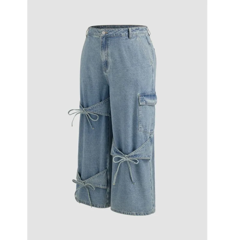 Women's Loose Fit Denim Jeans Elastic Waistband Casual Wide Leg Pants Large Size Versatile Simple Design with Pocket Unique Styl view 2