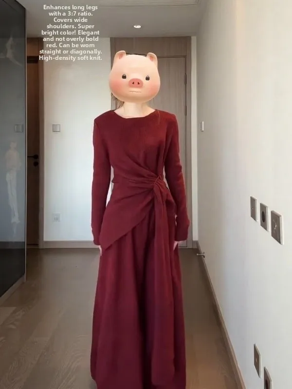 

New Year Wine Red Knitted Top with Belt Wide Leg Pants Women's Spring Slimming Two Piece Set High Waist Trousers Casual Style