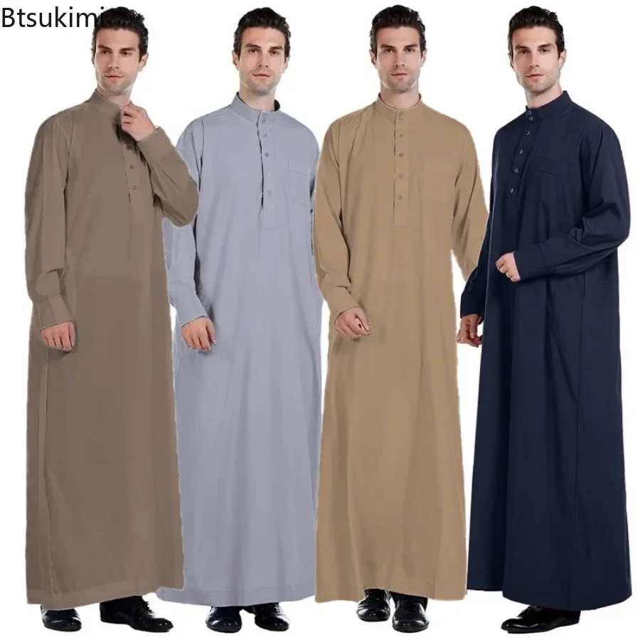 

2025Men's Dishdasha Muslim Dress Daffah Jubba Thobe Saudi Arab Kaftan Stand Collar Robe Islamic Clothing Middle East Loose Abaya