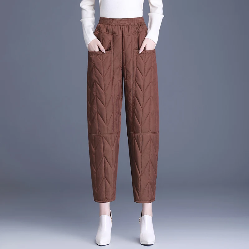 

Women Warm Quilted Pants Elastic Waist Loose Solid Color Thick Trousers 2024 Autumn Winter New Vintage Pocket Casual Harem Pants