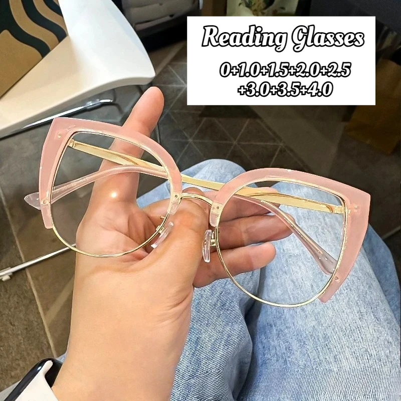 

Нейтральные ретро очки в большой оправе «кошачий глаз» для пресбиопии HD, очки для чтения с защитой от синего света, модные металлические очки для пресбиопии + 4,0