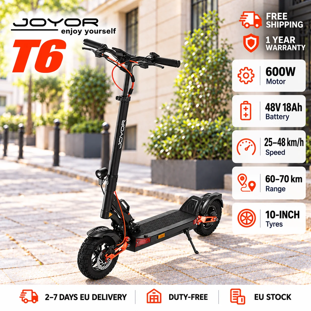 JOYOR T6, monopattino elettrico fuoristrada per adulti, 48V, 18Ah, lunga autonomia, 70 km, velocità 25-48 km/h, pneumatici ad aria da 10 pollici, doppio sistema frenante a disco meccanico,
