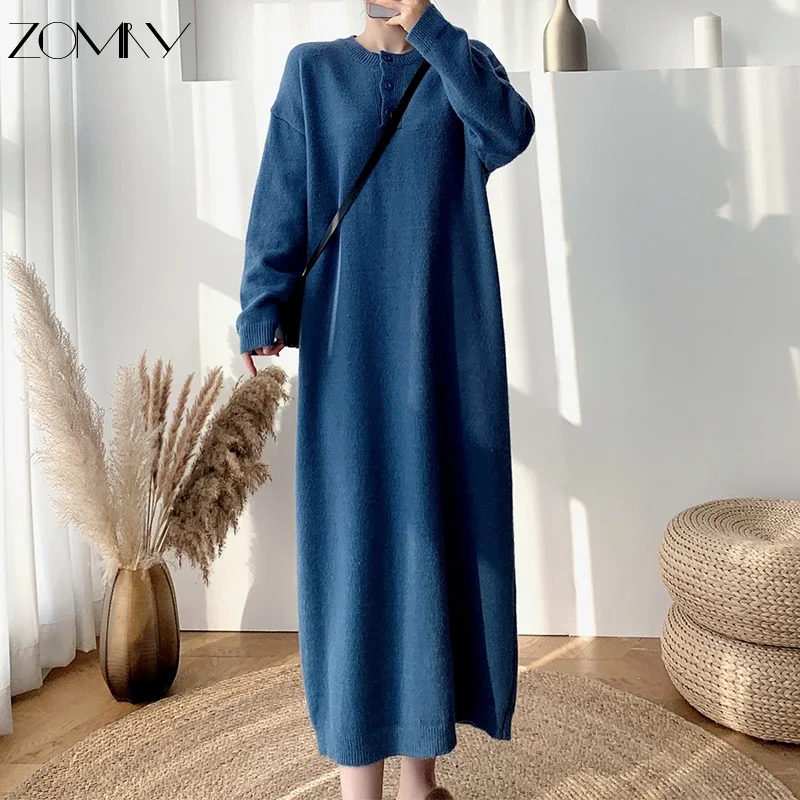 ZOMRY Korean Retro Loose Simple Sweater Knitting Dresses Women‘s O-Neck Party Evening Warm Vestidos Autumn Winter New Clothing