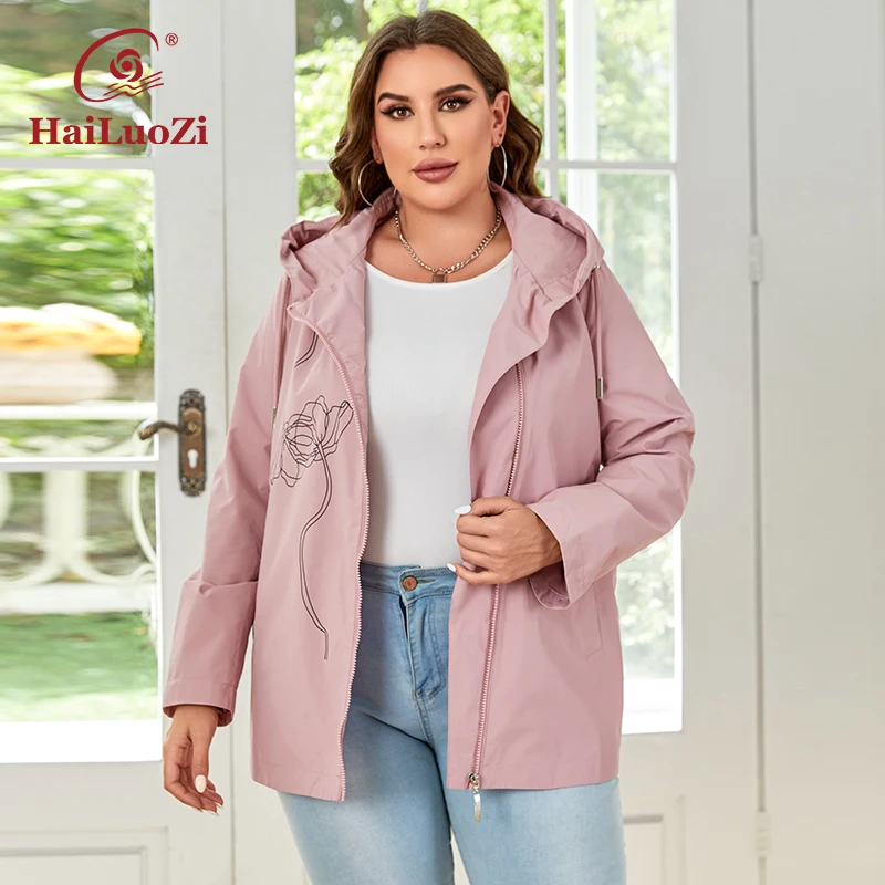 HaiLuoZi 2023 New Women Plus Size Trench Coat Hooded Windbreaker High-quality Casual Slant Zipper Female Short Jackects 731