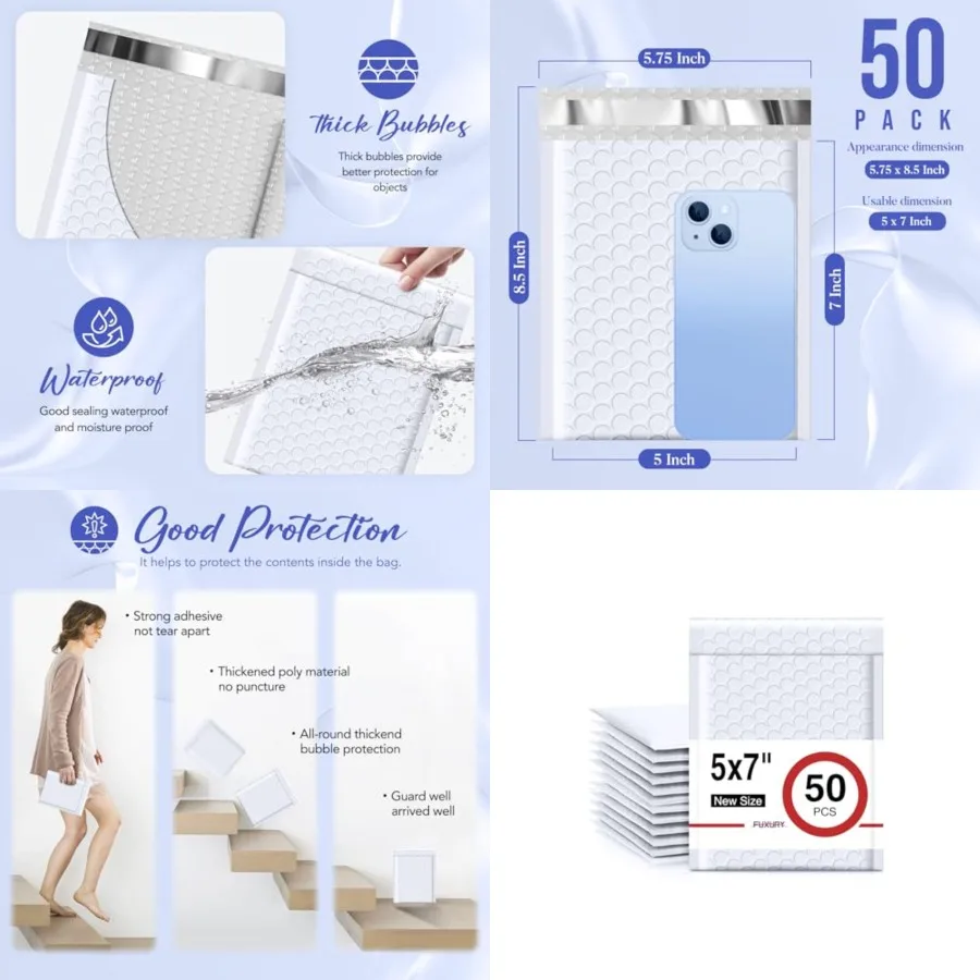 

Bubble Mailers 5x8.6" 50 Pack Waterproof Padded Envelopes Usable Size 5x7" Self Seal Bubble Envelopes Padded Mailers Shipping B