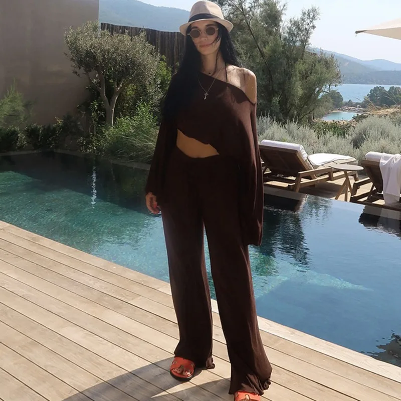 Tuularose mode pantalon 2 pièces femmes Sexy voir à travers pull ample haut pantalon décontracté ensembles vacances banlieue femme pantalon ensembles