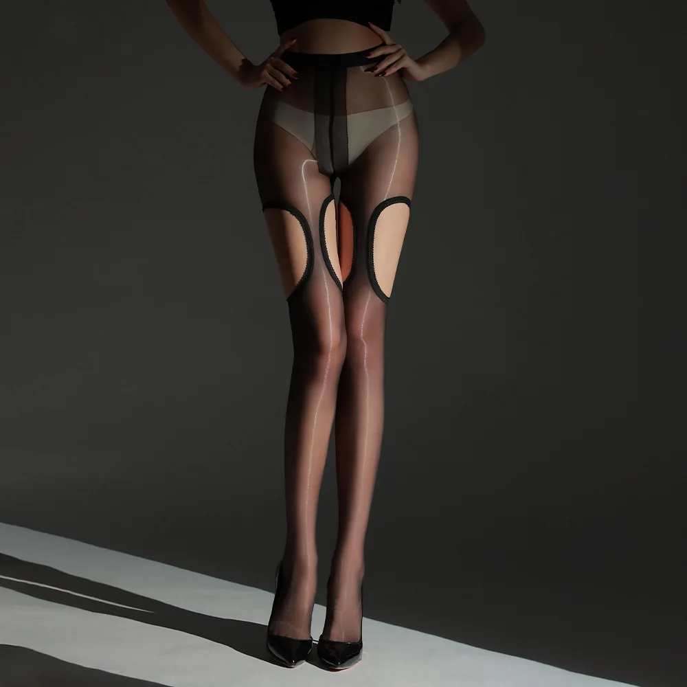 مثير جوفاء زيت الحصان جوارب طويلة النساء قطعة واحدة الحمالة الجوارب الفخذ العليا لامعة حزام تخزين الجوف خارج لامعة طويلة الجوارب