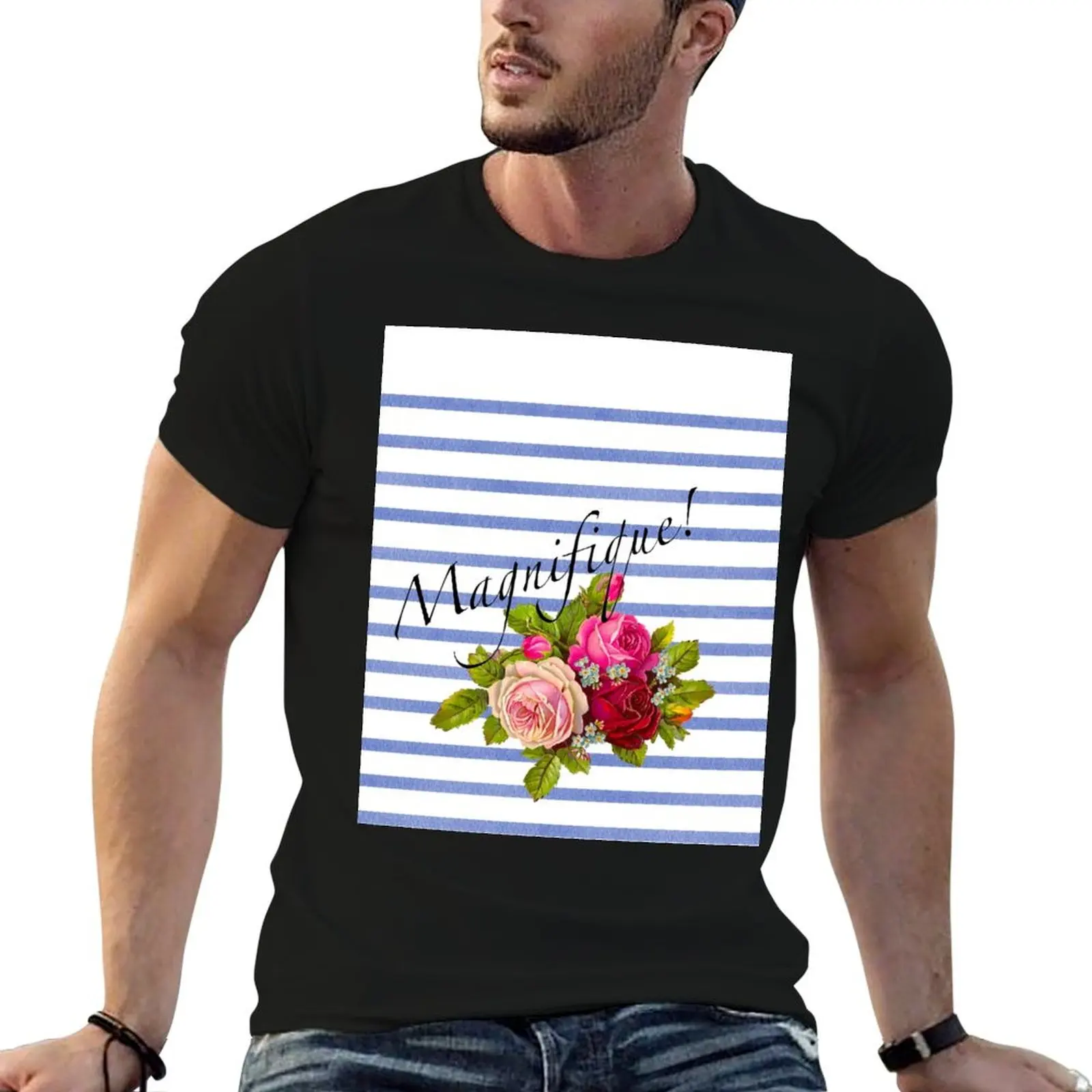 French Brenton Stripes With Vintage Parisian Roses T-Shirt t shirts designer man t shirts graphic T-Shirt