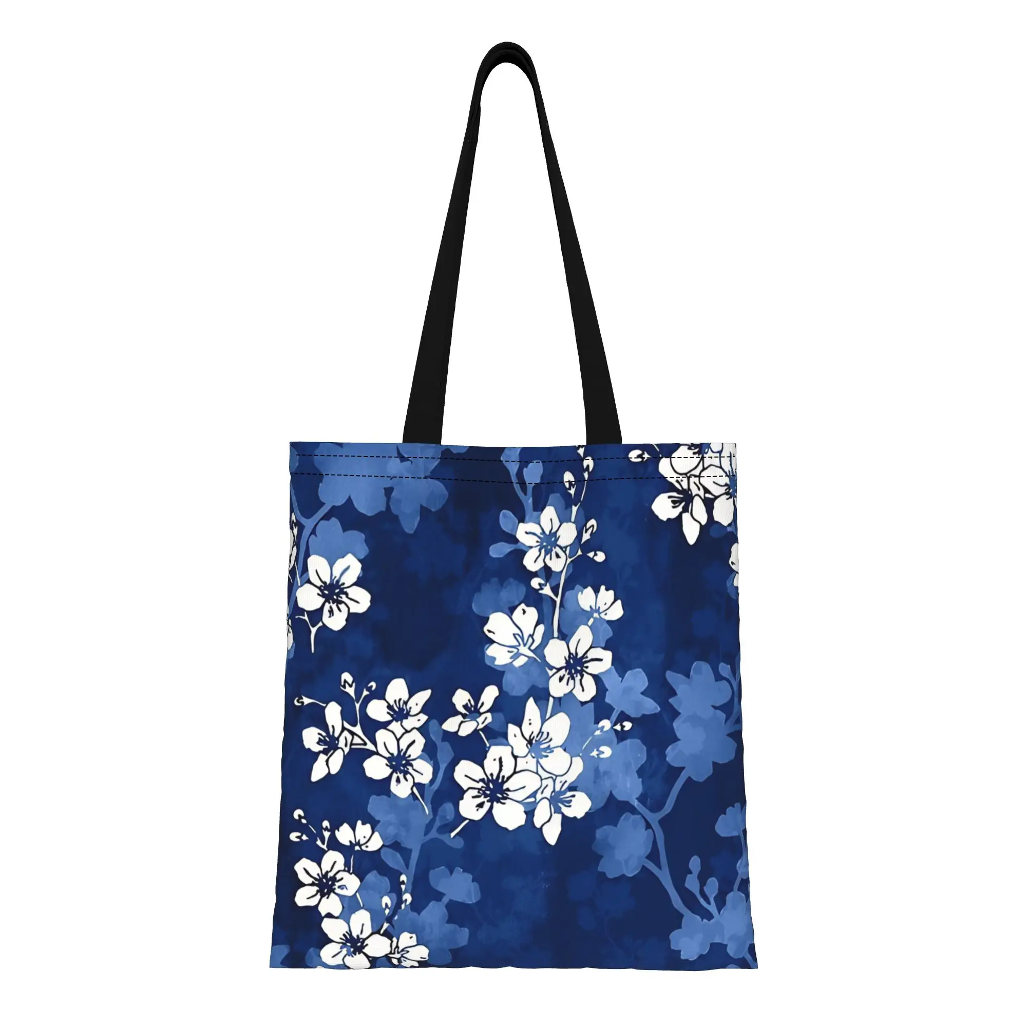 Floral Sakura blossom in deep blue Canvas Woman Tote Bag for Shopping Travel Outdoor Heavy Duty Shoulder Handbag