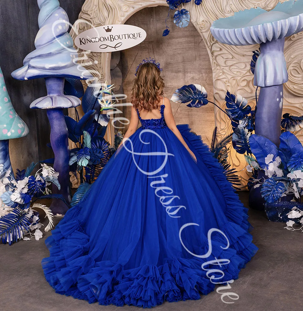 

Princess Royal Blue Flower Girl Dress For Wedding Applique Sequins Tulle Customized Kids Birthday Party First Communion Gowns
