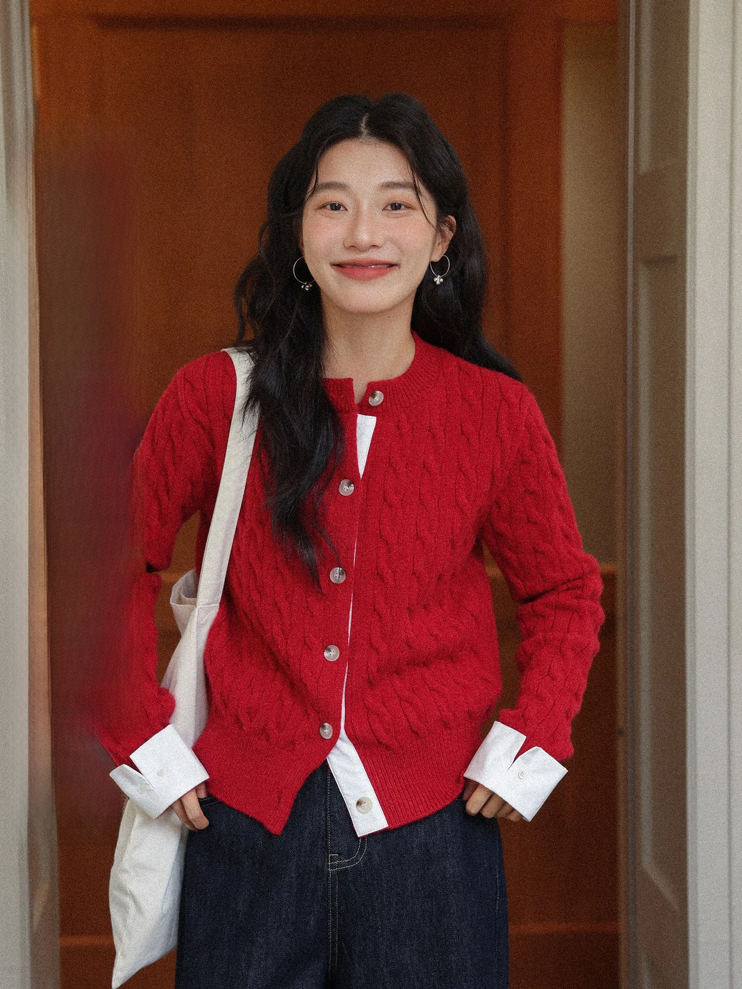 

Red Thiened Knitted Twisted Sweater Cardigan Women's Winter Faion Casual Loose Fit Long Sve round Ne Single Button