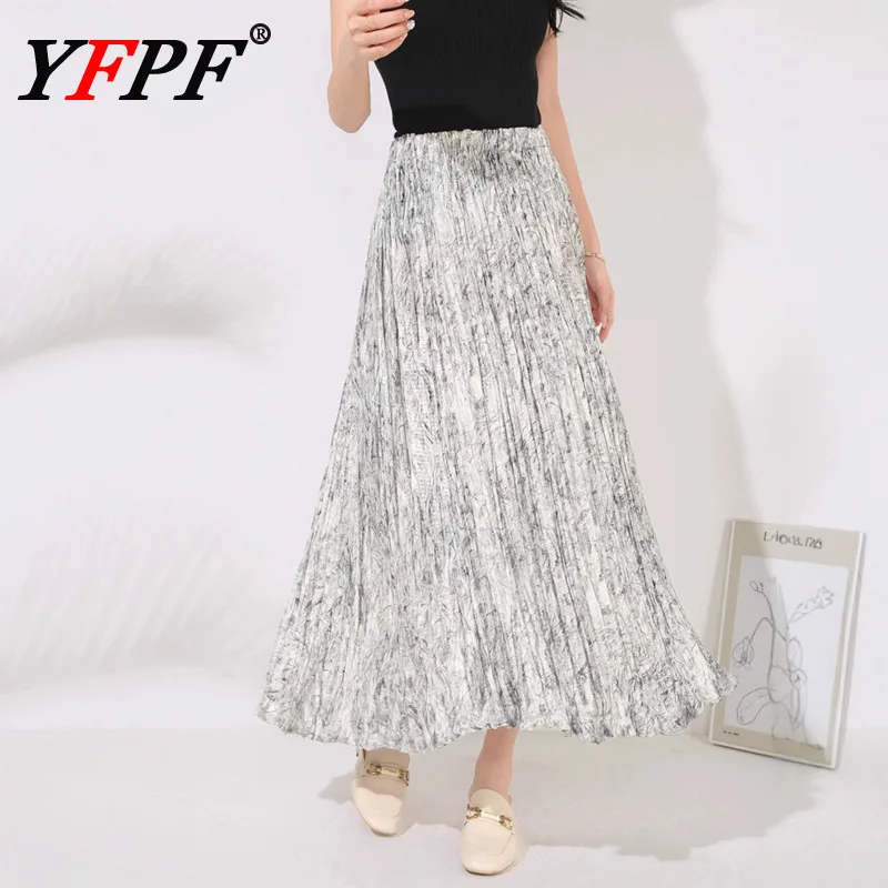 

YFPF Flower Printing Women Skirt Miyake Pleated A Line Casual High Waist Loose Fashion Long Skirts Fashion 2025 New Clothing