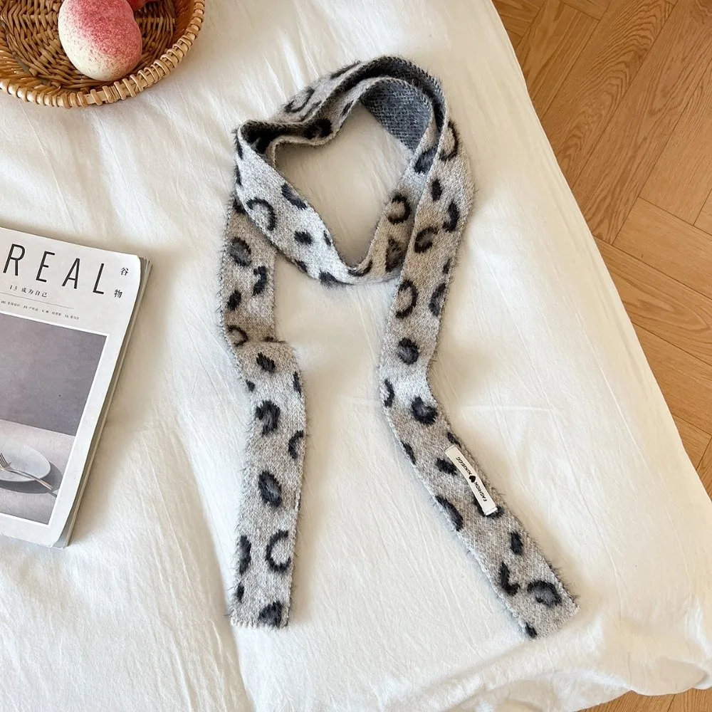 

Корейский стиль Y2K шерстяной леопардовый шарф теплый галстук узкий шарф универсальный вязаный шарф зимний аксессуар