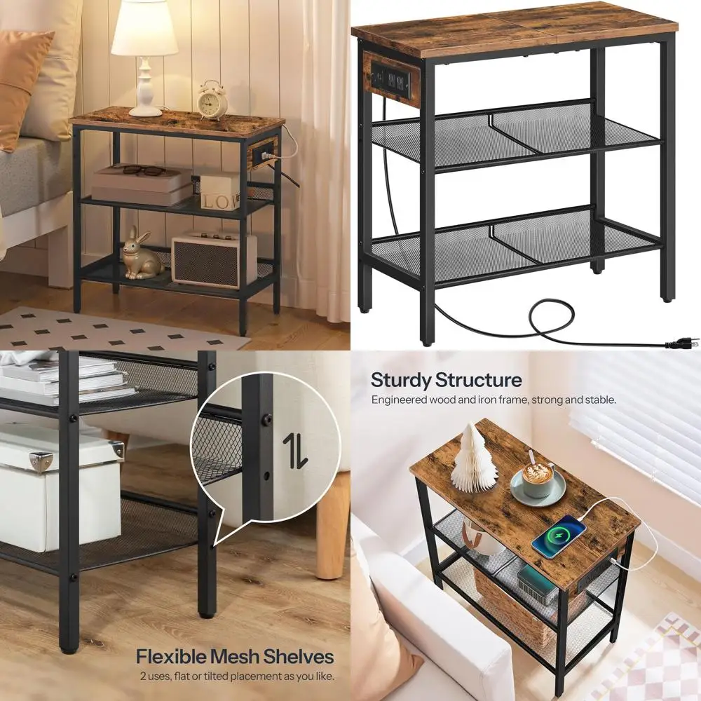 

Компактный трехъярусный зарядный столик с регулируемыми полками, коричневый и черный в деревенском стиле для небольших помещений, гостиных и спален