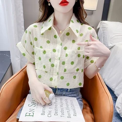 Women Trendy Polka Dot Print Pockets Design Shirts Summer Korean Sweet Chic Blouse Casual Short Sleeve Loose Tops Ropa De Mujer