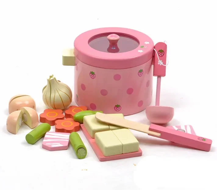 

[Funny] Play house toy Simulation Vegetable Hot Pot Wooden Toys kitchen cook Prentend Play Food Tofu Knife Pan Set Birthday Gift