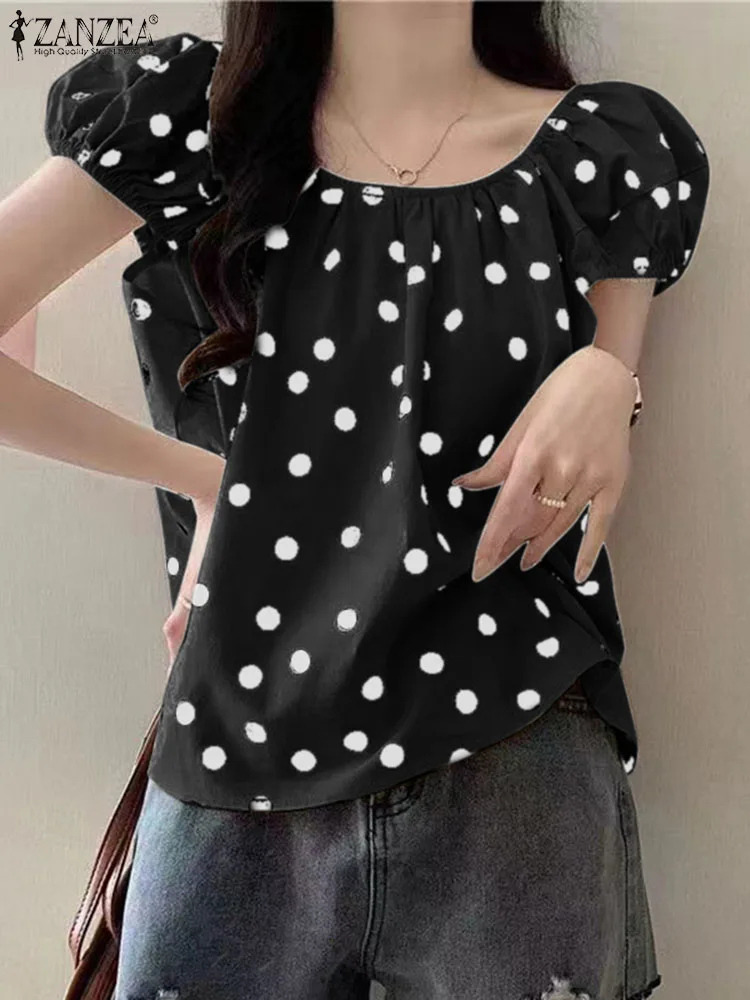 ZANZEA Women Polka Dot Blouse Elegant Puff Short Sleeve Tops Korean Fashion Round Neck Blusas Casual 2024 Summer Pleated Tops