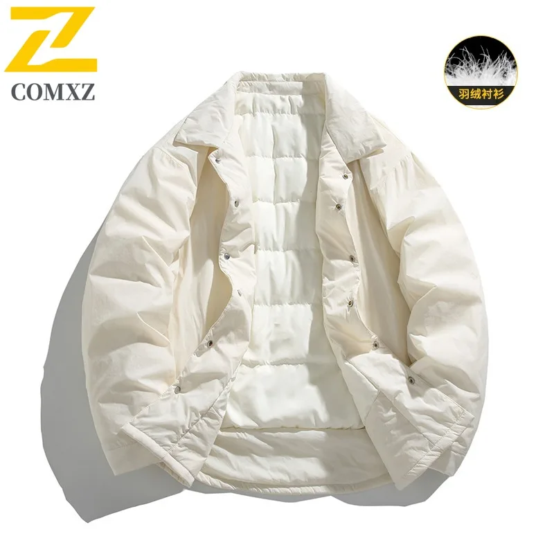 COMXZ Short Down Jacket Men Shirt Collar Design Hiking Travel Windproof Parka Single Breasted Design Lightweight Winter Coat