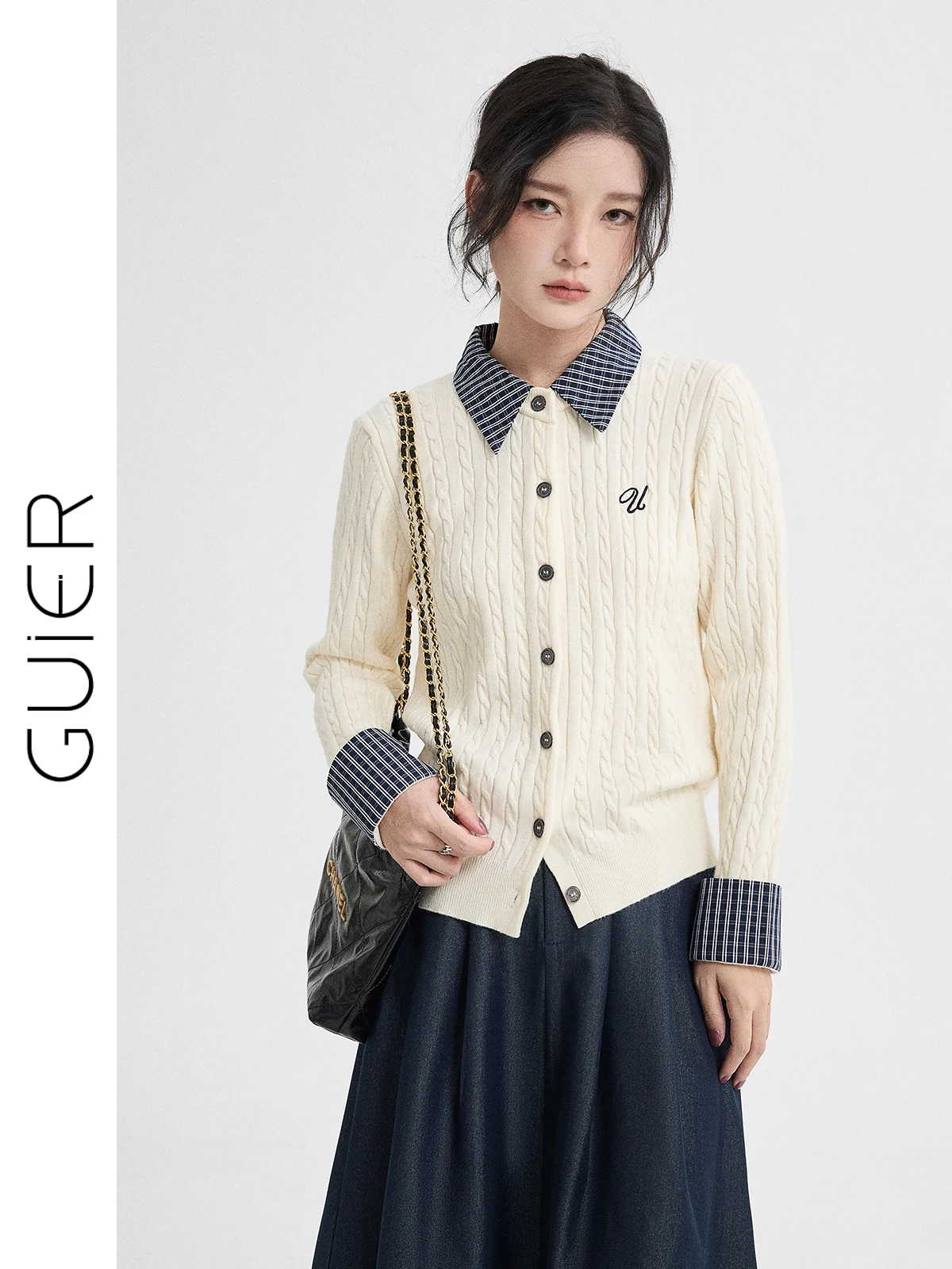 

Вязаный кардиган в клетку Guier, женский, в стиле ретро, весенняя новинка, комплект из двух предметов, длинный рукав...