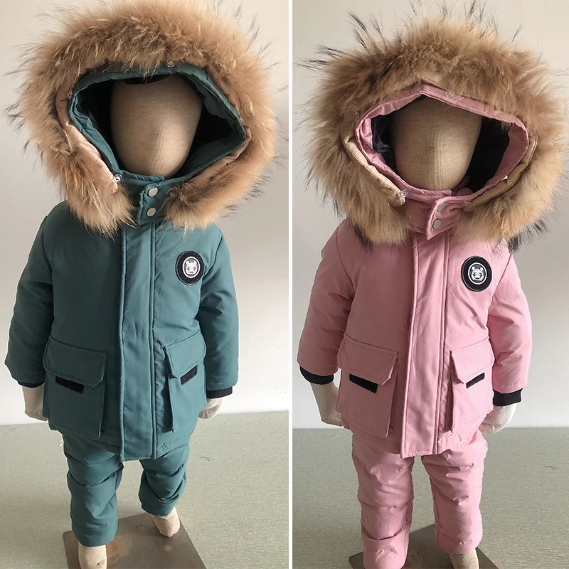 Bambini Down Suit inverno vera pelliccia collare neonate tuta da neve cappotto 2 pezzi Set bambini Outwear e tuta Warm Boy tuta da sci 1-5Yrs