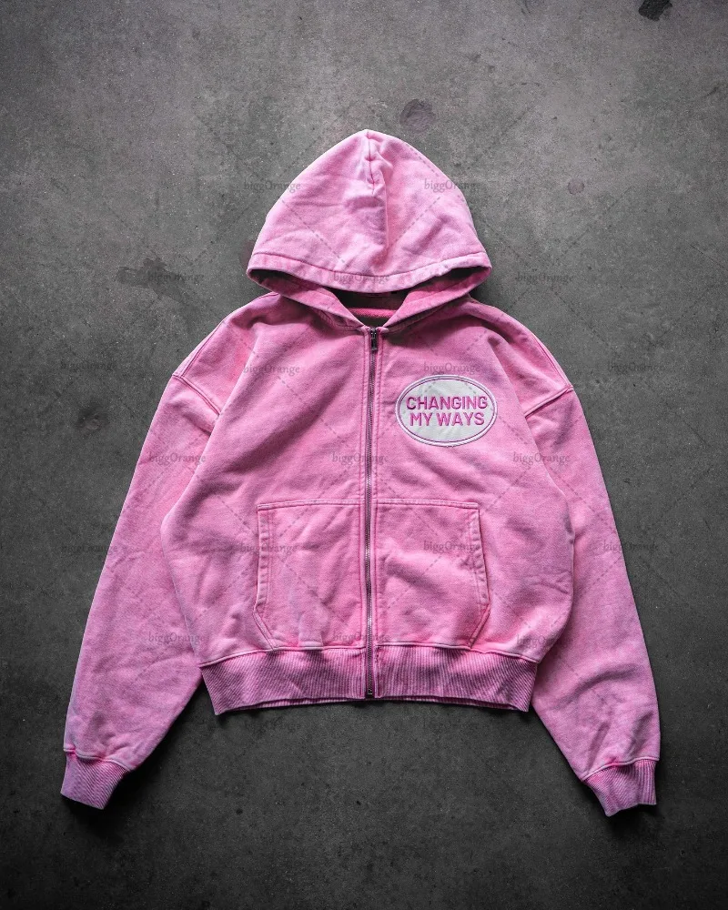 Y2K Harajuku Retro Letter Embroidered Oversized Zipper Hoodie American Hip-hop Trend Brand Pink Sweatshirt Casual Loose Jacket