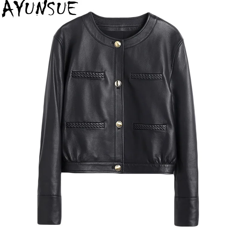 AYUNSUE Real Leather Jacket Women 2025 Chic Autumn Clothes Black Sheepskin Womens Coat Short Style Jaqueta Couro Single-breasted