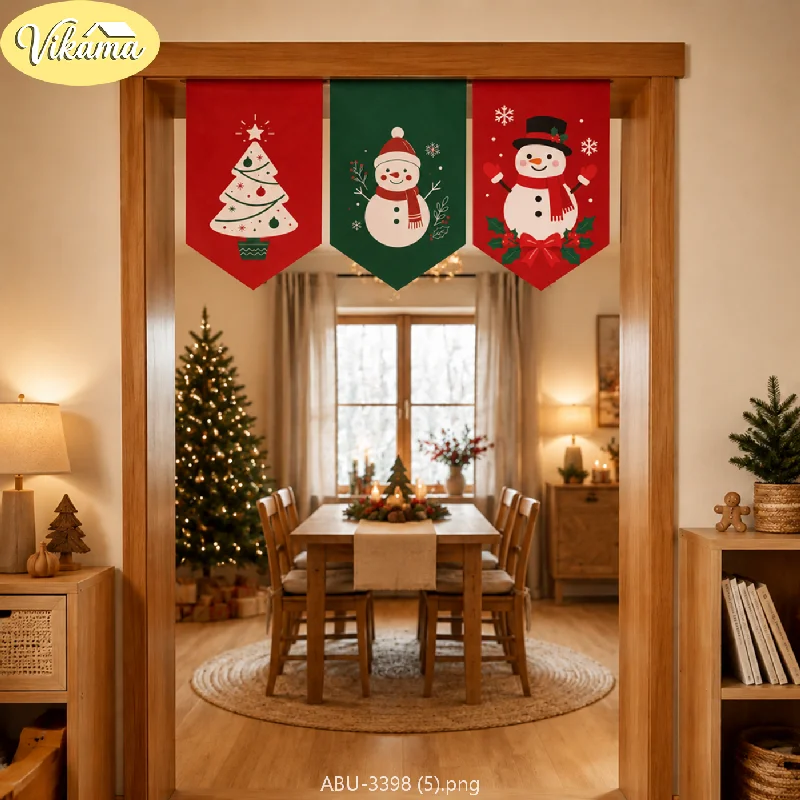 VIKAMA Christmas Triangle Bunting, Cute Cartoon Snowman and Christmas Tree Print Triangle Bunting, Holiday Party Home Decor