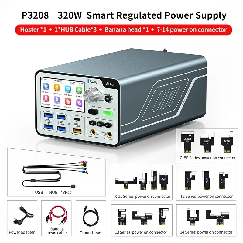 Tester di cortocircuito di potenza regolato intelligente AiXun P3208 32V/8A per iPhone serie 7-15 Power on cable tool