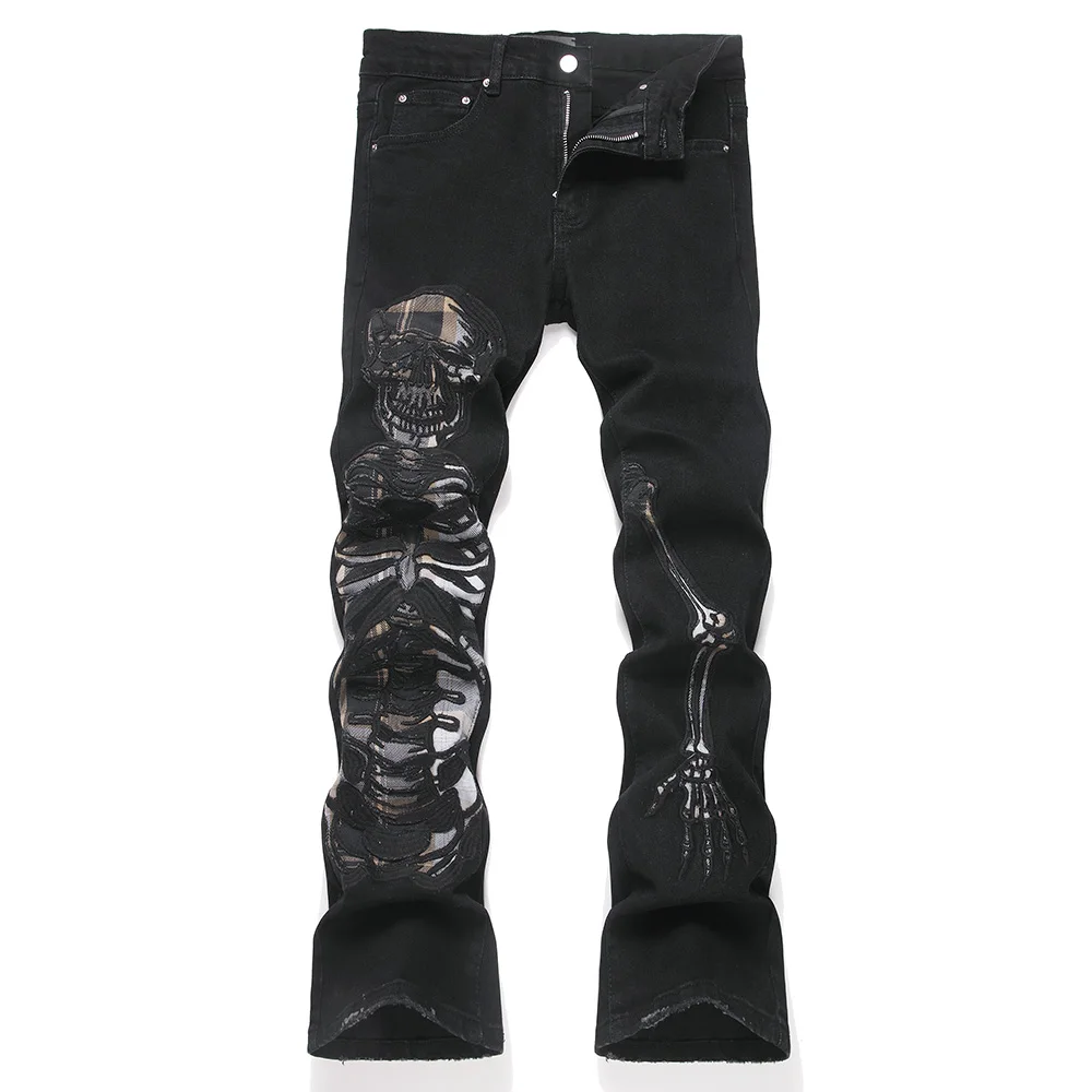 

Мужские джинсы-стрейч с вышивкой черепа, черные, зауженные, расклешенные, в стиле панк, с нашивками дьявола, для уличной моды
