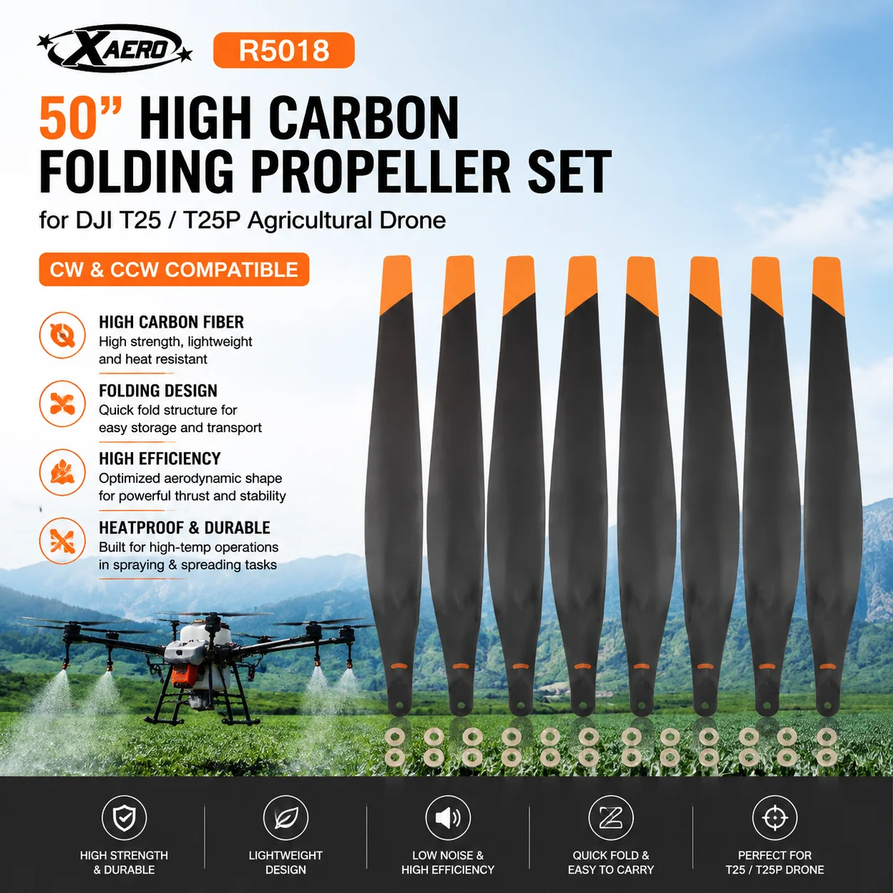 XAERO R5018 50 inch High Carbon Folding Propeller Set for DJI T25 T25P, Heatproof Spraying & Spreading Blade CW CCW