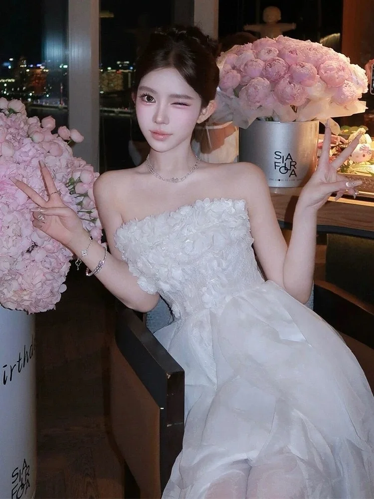 

Ele Korean Sle Fibone Net Dr Women's Sexy 3D Decoration Slimming Strapl Gown Long Ball Gown High Waist Zipper