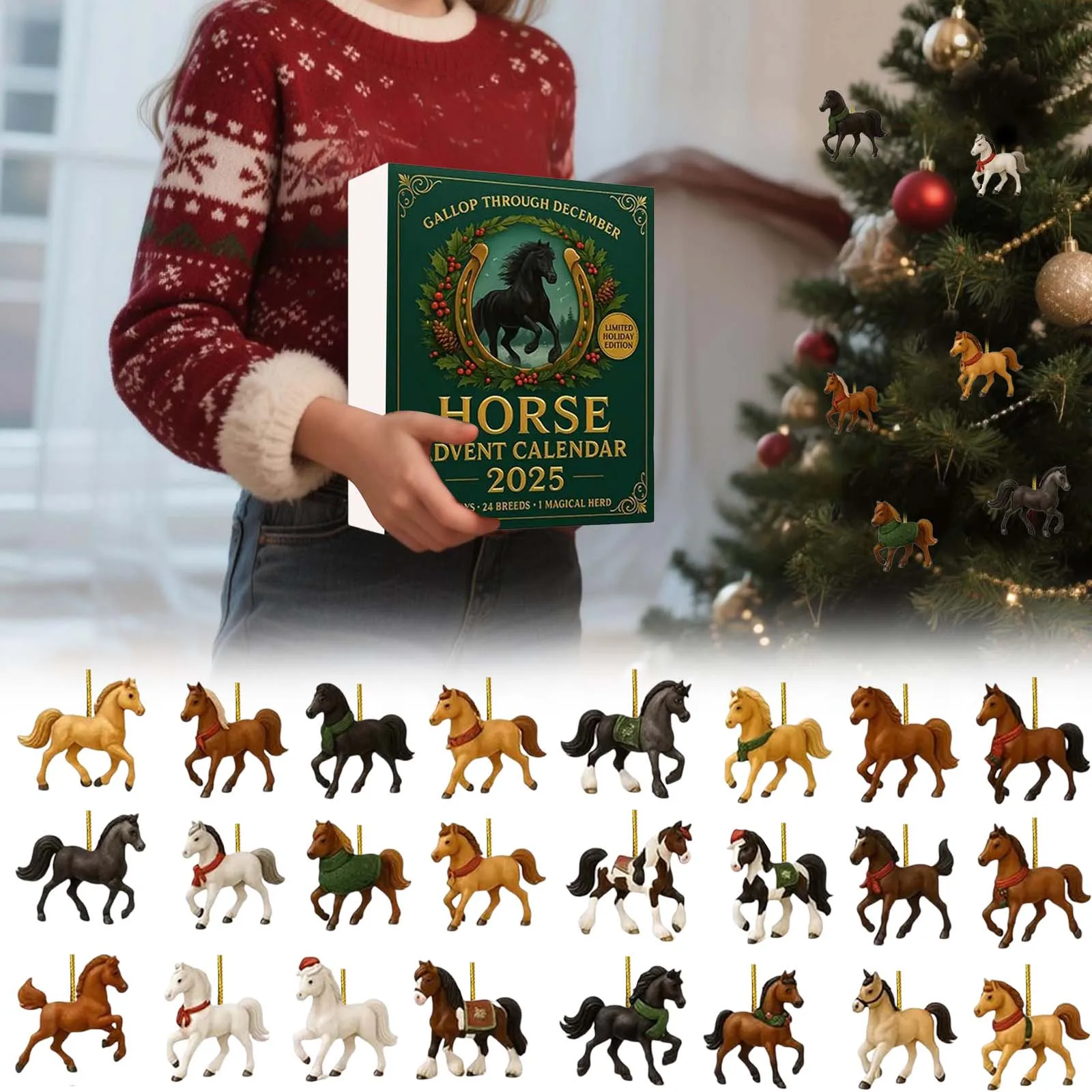 Juguetes para niños, calendario de Adviento de caballo plano 2d, calendarios de cuenta atrás de Navidad 2025, con 24 figuras de caballos únicas para decoración del hogar