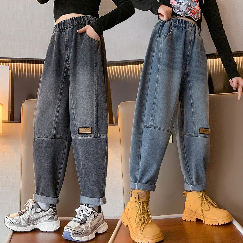 Girls Jeans Spring/Autumn Denim For Baby Kids Harem Cuffed Pants Children Long Trousers Teenager Clothing 6 8 10 12 14 Years Old