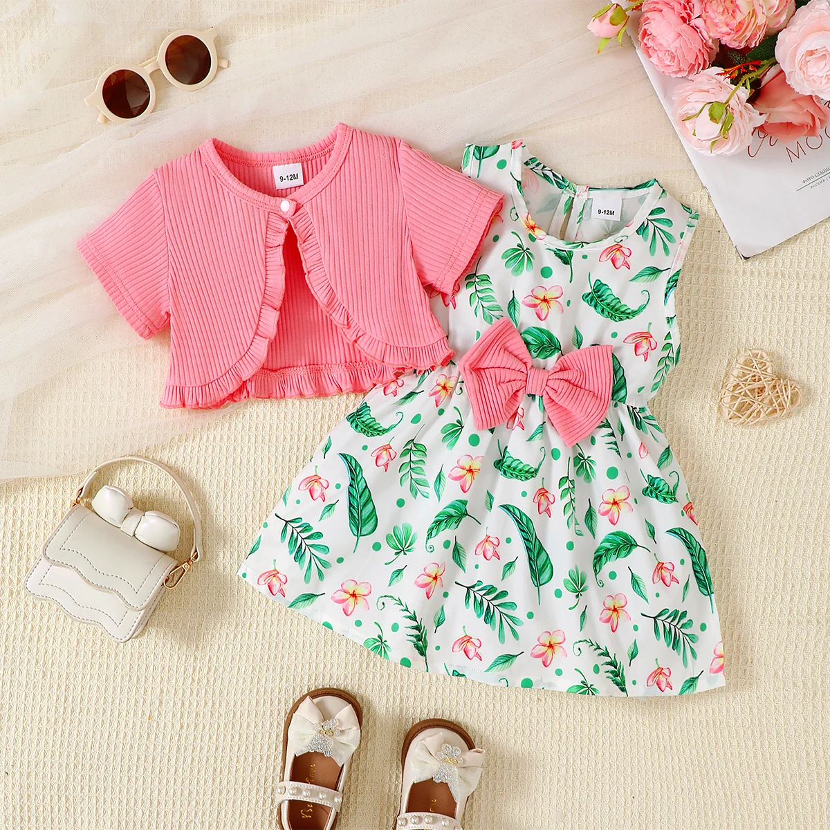 Summer Infant Girl 2 PCS Clothes Set Ruffle Pink Short Sleeve Shrug Jacket Print Dress+Big Bow for 0-3Y Cute Kids Newborn Outfit
