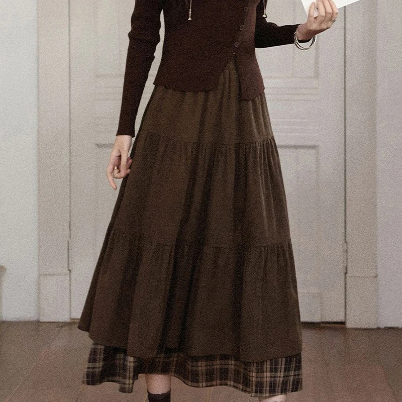 Vintage Corduroy Long Skirt Women Fall Winter Casual Plaid Patchwork High Waist Skirts Retro Loose Bow A Line Tiered Skirts New