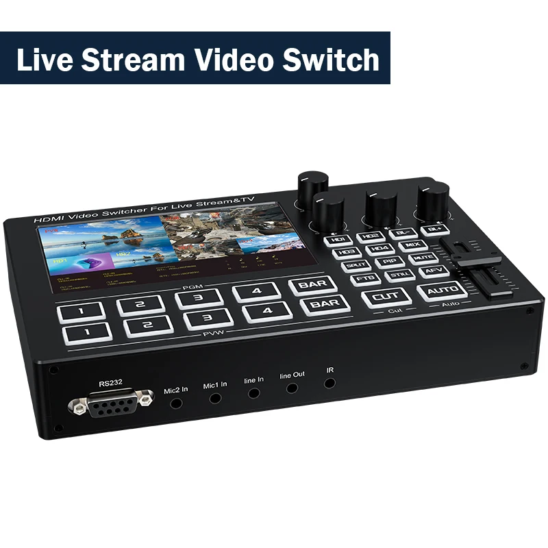 1080P Video Mixer Switcher with 5 inch IPS Screen 4-CH HDMI Live Streaming Support Mic Line in Audio Mix Video Capture Recording