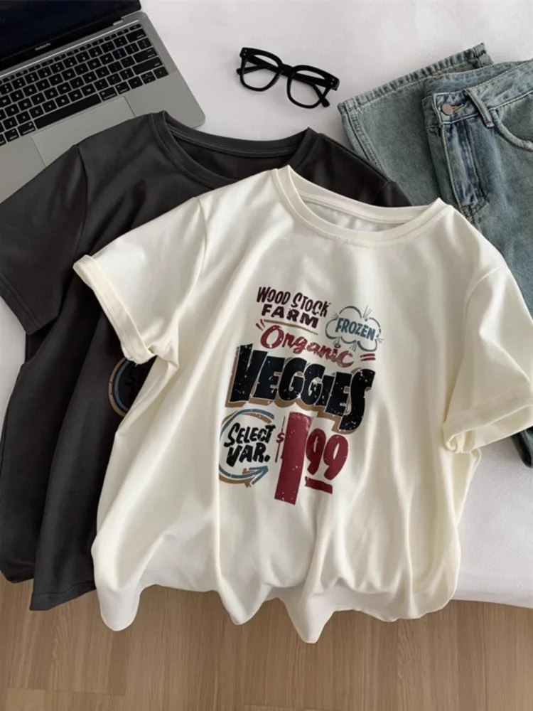 

Vintage Printed Loose T-shirt Women Spring Summer Round Neck 95% Cotton Casual Tees Tops