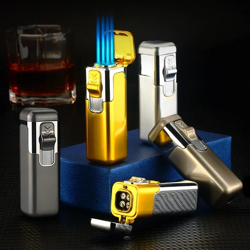 NEW Strong Firepower Butane Gas Lighter Turbo 4 Torch Blue Flame High Pressure Jet Straight Cycle Cigar Lighter Men's Gift