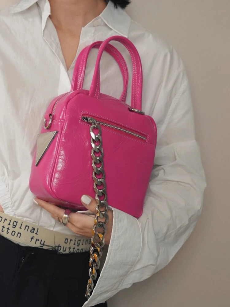 

Pink Fashion Unique Retro Box Bag Genuine Leather Women Bag\Handbag Real Leather Lady Tote Shoulder Crossbody Square Bag New