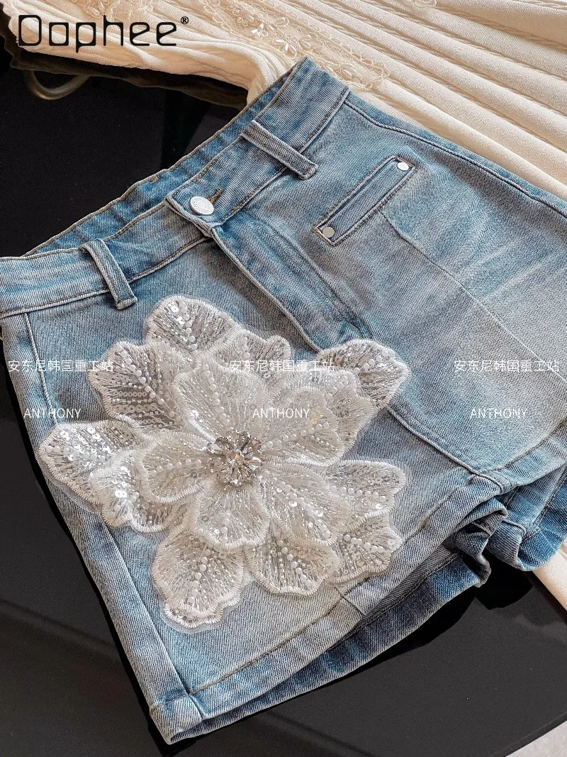 

Heavy Beaded Floral Embroidery Denim Skirt Women 2026 Summer New High-Waisted Slimming A-Line Skirts Korean Fashion Mini Skirt