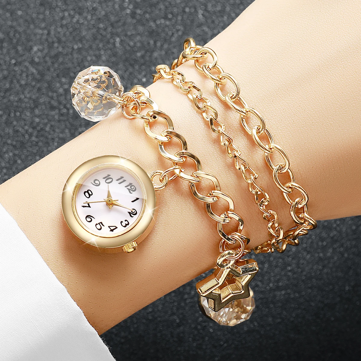 Fashion Arabic Dial Women Multi‑Layer Bracelets Watch Star Crystal Charm Ladies Quartz Wristwatches Relogio Feminino（Without Box
