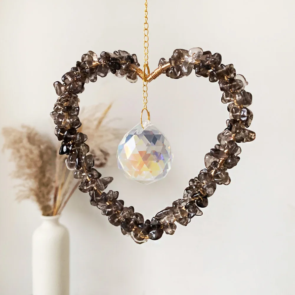 Custom Gold Heart Shape Smoky Quartz Crystal Chip Sun Catcher - Glass Pendants Hanging Ornament for Window Decor