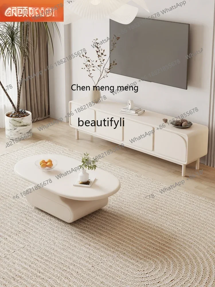 cc182R1 Couchtisch, TV-Schrank-Kombination, moderne, speziell geformte Steinplatte, kreativ, geräuschlos, Wohnzimmer, cremefarbener Stil