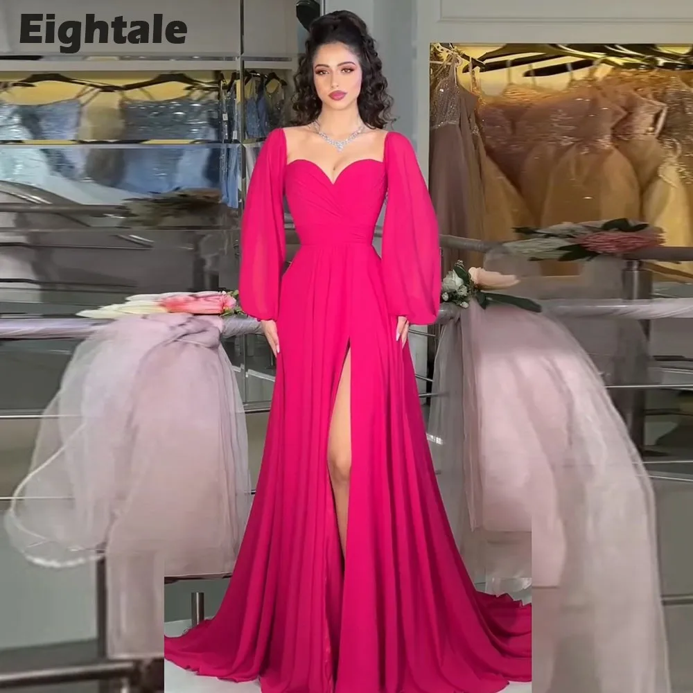 

Eightale Neon Pink Evening Dress Long Puffy Sleeves Chiffon Sweetheart Celebrity Prom Gown Party Dress robe de soiree