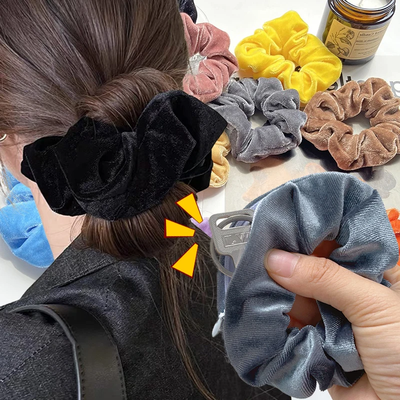 Arrived Zip Scrunchies Hidden Storage Earphones Money Keys Women Velvet Hair Tie Pocket Hair Styling Srunchies Ornaments