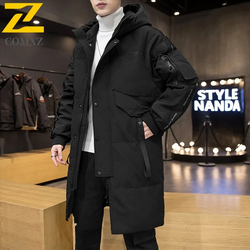 COMXZ 2025 Mens Winter Thickened Long Fleece Puffer Jacket Waterproof Windproof Casual Sport Hooded Coat Lightweight Windbreaker