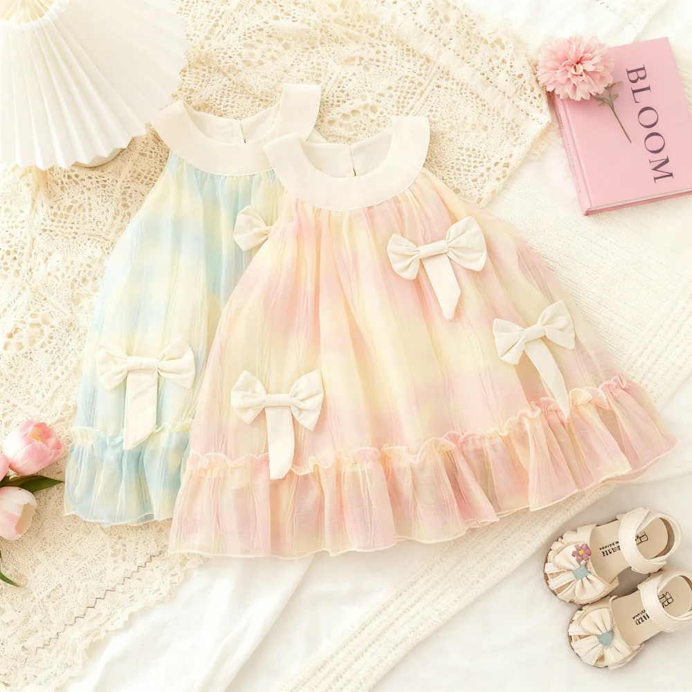 

Платье для девочек, летнее платье с лямкой на шее и бантом, платье для маленьких девочек, очаровательное платье принцессы для малышей, одежда для маленьких девочек